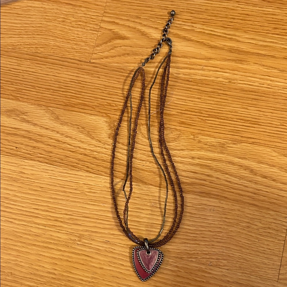 Dark Pink Double Pendant Necklace with Pink and Brown Beads